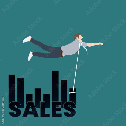 Flying Man Lifting Sales Graph – Business Growth and Motivation Illustration