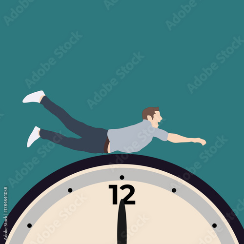 Flying Man Above Analog Clock – Time Management and Motivation Concept
