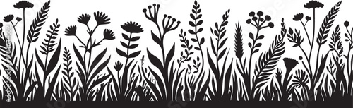 Black and white wildflower meadow vector illustration | floral border design eps silhouette