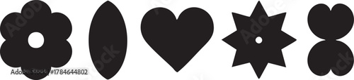 Black and white shape vector set: flower, oval, heart, star, and circles eps silhouette