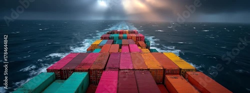 Cargo Ship Sailing Across Ocean Under Dramatic Sunbeams Lighting Effect