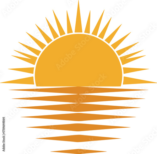 Setting sun vector icon with radiant rays reflecting on calm water at dusk or dawn