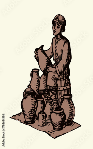 Vector illustration of a boy selling pots.
