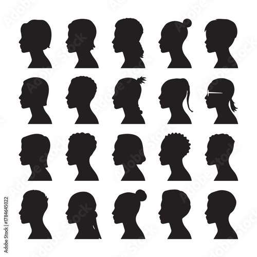 Side‑profile avatar silhouettes vector set of 20 people heads & hairstyles doddle collections