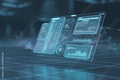 Dynamic digital interface displays complex data streams and analytics, showcasing futuristic technology and information flow.