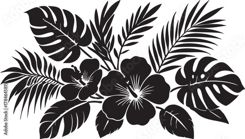 Black and white tropical floral vector: hibiscus flowers and palm leaves eps silhouette