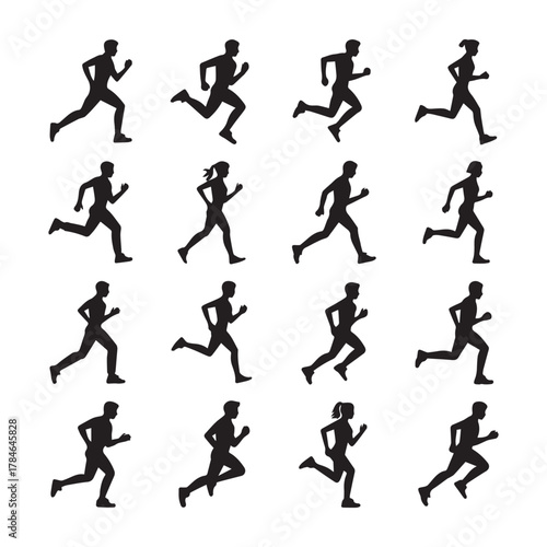 Running silhouette of runners in motion black vector icon set collections