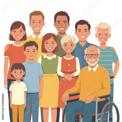 Happy multigenerational family portrait with grandfather in wheelchair