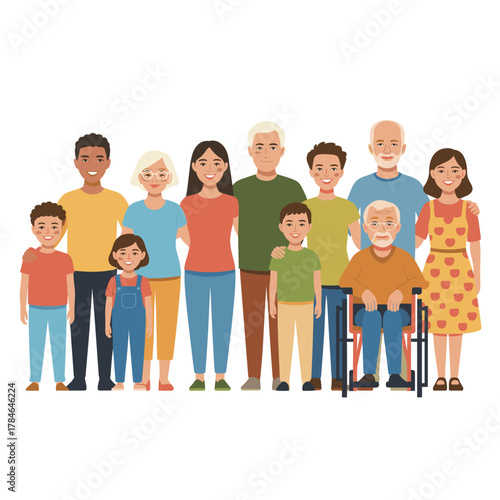 Happy multigenerational family portrait with grandfather in wheelchair