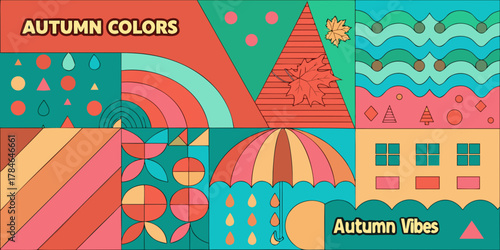 Abstract geometric autumn collage with falling leaves and umbrella in warm colors