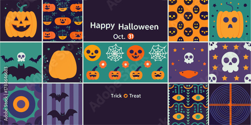 Happy halloween collage featuring pumpkins bats skulls spiders and trick or treat message