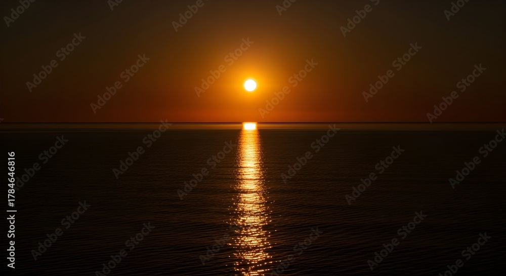 Fototapeta premium Golden orange sun setting over a calm ocean horizon, with a beautiful shimmering reflection on the water, creating a serene and peaceful natural landscape