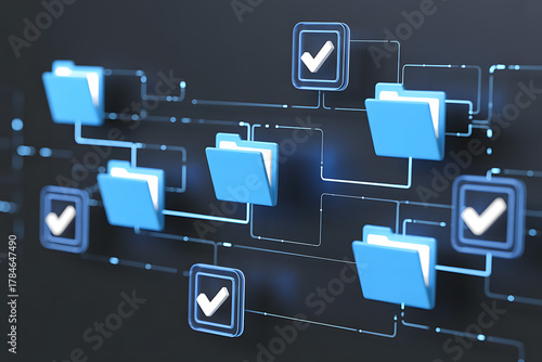 Fototapeta Naklejka Na Ścianę i Meble -  Organize your digital world with this stunning 3D representation of efficient data management and successful project completion using glowing icons.