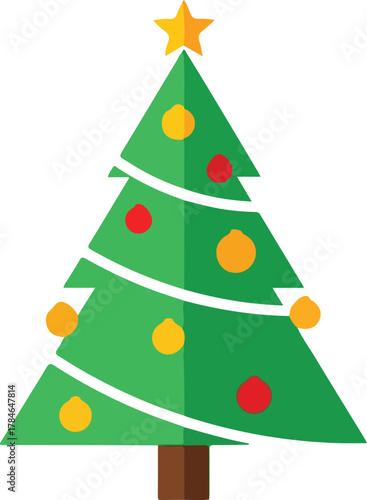 A simple, flat-design illustration of a green Christmas tree decorated with colorful baubles and a yellow star on top.