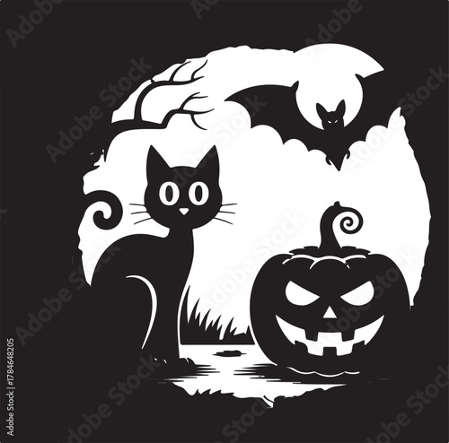 Spooky Halloween vector illustration featuring a black cat, flying bat, and grinning jack-o-lantern silhouette.