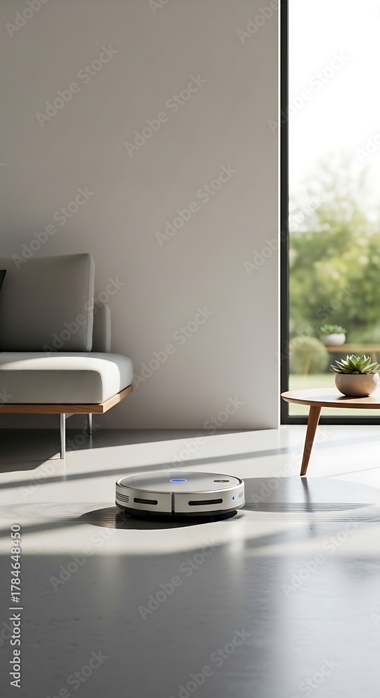 Fototapeta premium A sleek robot vacuum cleaner on a shiny floor in a modern minimalist bedroom with a bed and a small table