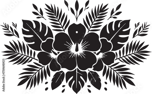 Tropical flower vector: black and white hibiscus and palm leaf design eps silhouette