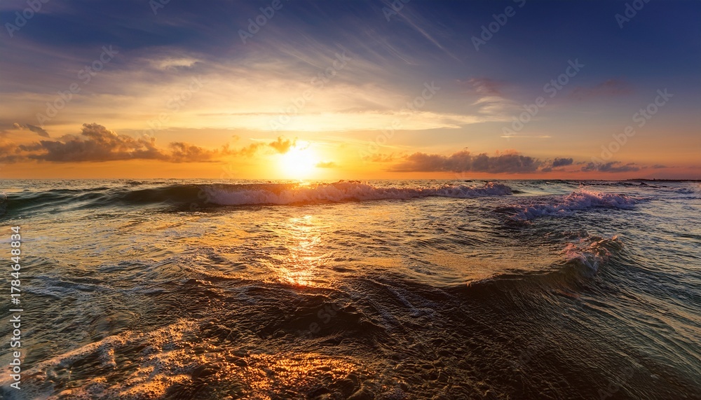 Fototapeta premium Stunning Sunset Over Ocean Waves With Warm Golden Light Reflecting