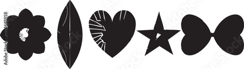 Black and white vector shapes: flower, leaf, heart, star, bow tie - graphic design elements eps silhouette