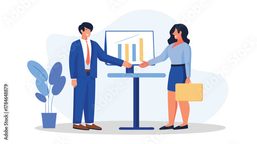 Business professionals shaking hands in front of a bar graph on a screen representing a successful deal or partnership agreement