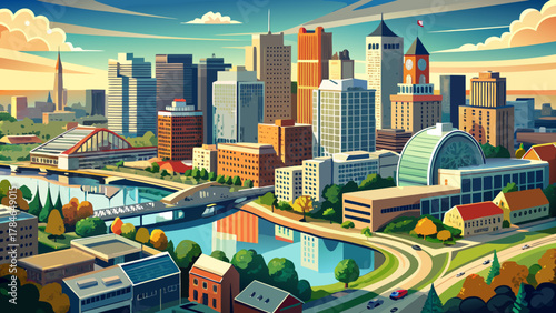 Very beautiful aerial view of downtown Grand Rapids, Michigan, USA, showcasing its modern skyline, riverfront buildings, busy metropolitan core, and a realistic vibrant urban landscape of the state’s 