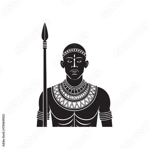 African Warrior Silhouette with Spear and Tribal Jewellery Illustration black colour vector design and white background (2).eps