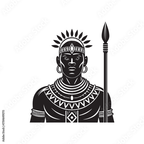 African Warrior Silhouette with Spear and Tribal Jewelry Illustration black colour vector design and white background (1).eps