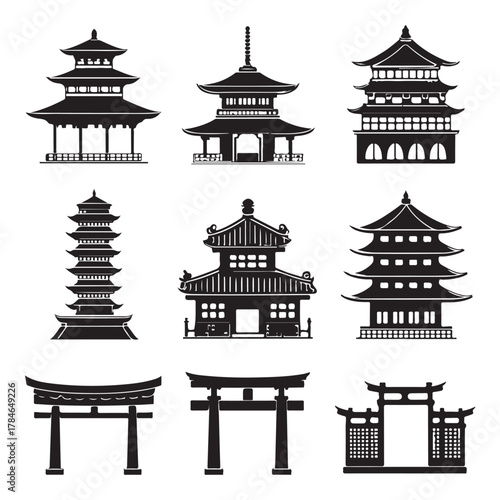 Asian Architecture Icon Set, A comprehensive collection of black silhouette vector icons featuring traditional Asian temples, pagodas, gates, and bridges (3).eps