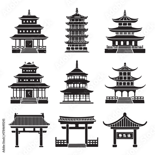 Asian Architecture Icon Set, A comprehensive collection of black silhouette vector icons featuring traditional Asian temples, pagodas, gates, and bridges (2).eps