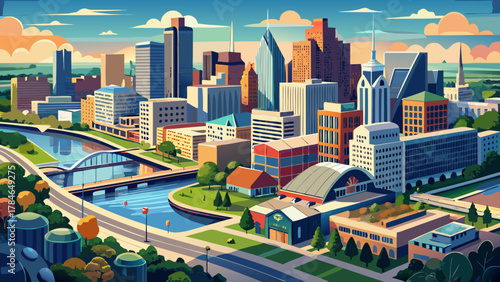 Very beautiful aerial view of downtown Grand Rapids, Michigan, USA, showcasing its modern skyline, riverfront buildings, busy metropolitan core, and a realistic vibrant urban landscape of the state’s 