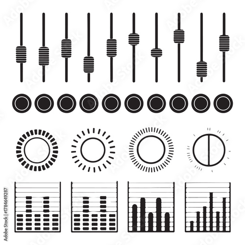 Audio Equalizer Sliders, A collection of black and white vector icons representing various designs of equalizer and volume sliders, in solid and outline styles (3).eps