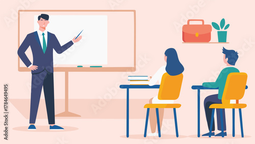 A male teacher in a suit points to a whiteboard while two students sit at desks in a classroom setting