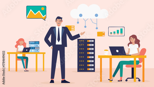 Business professionals collaborate in an office environment with cloud computing servers and data analytics charts