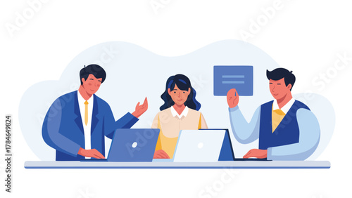 Diverse team of professionals collaborating on laptops and discussing ideas in a modern office setting with flat design illustration