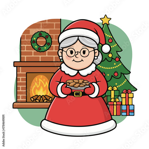 A cozy Christmas illustration featuring Mrs. Claus offering freshly baked cookies by a warm fireplace