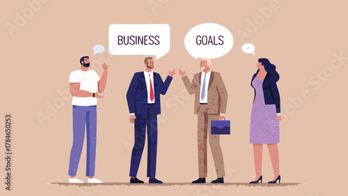 Diverse business professionals in conversation discussing business goals and objectives in a modern office setting