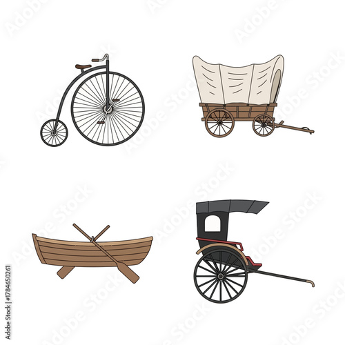 Collection of vintage transportation methods illustrated on a white background.
