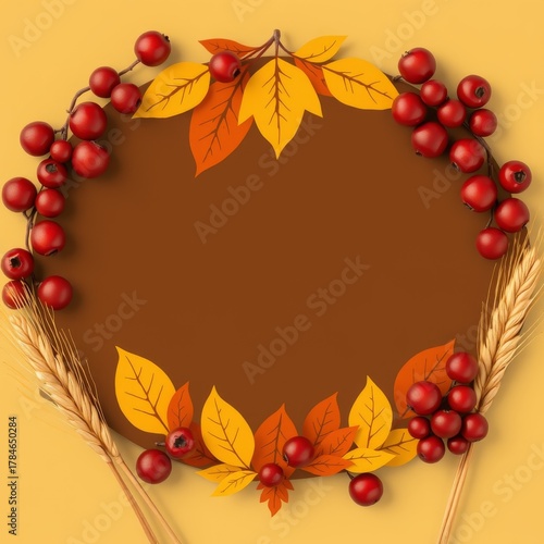 Autumn thanksgiving decorative wreath with red berries and fall leaves