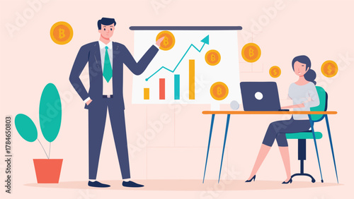 Business professionals analyzing cryptocurrency growth charts and financial data with bitcoin symbols and rising stock market trends