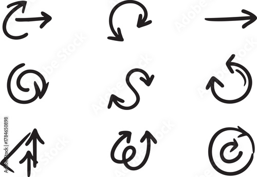 Hand drawn arrow vector set: directional arrows, circular arrows, doodle arrows eps silhouette