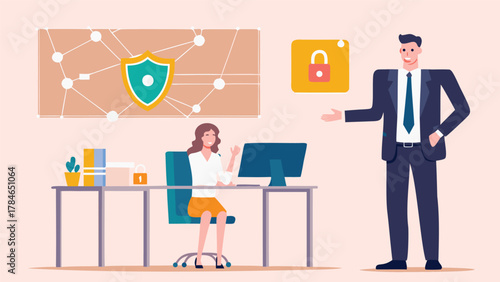 Business professionals discuss cybersecurity and data protection in a modern office setting with digital security icons