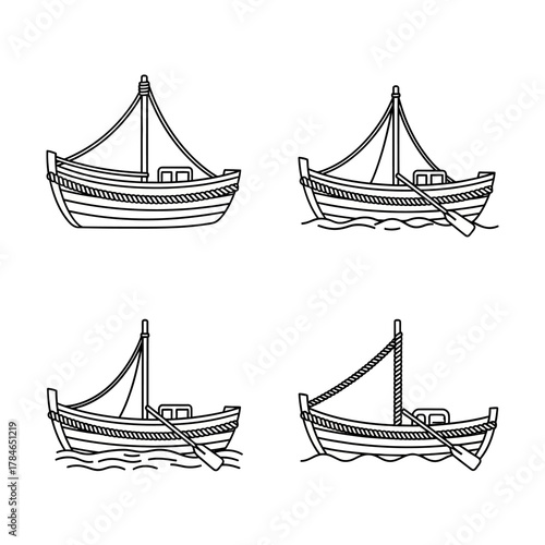 Four Line Art Boats with Sails and Oars on White Background.