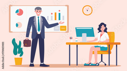 Business man presenting charts on a whiteboard to a woman working at a computer in a modern office setting