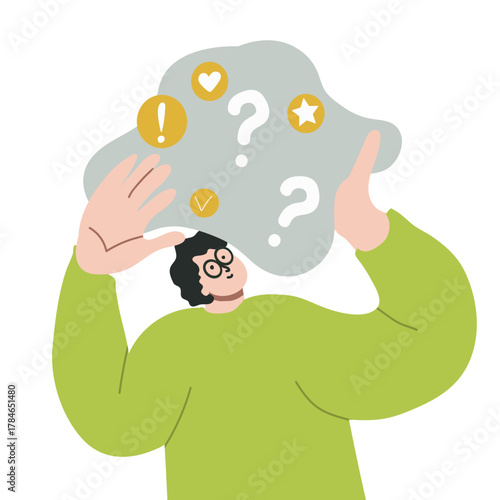Young business man standing thinking, holding chat bubble above head, flat vector hand drawn illustration.