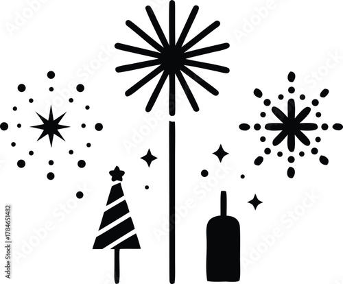 Firework line icon set for New Year celebration party and Christmas sparkler confetti, firecracker clean silhouette vector illustration