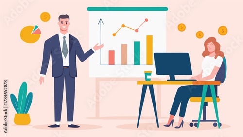 Business presentation with charts and graphs showing financial growth and a woman working at a desk with a computer