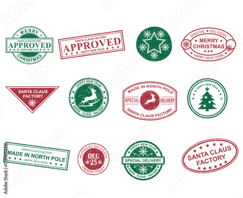 Christmas mail stamp vector illustration set. Santa Claus vintage postmark design, holiday winter mail. Xmas winter holiday festive postal tag for correspondence. New Year grunge postal label