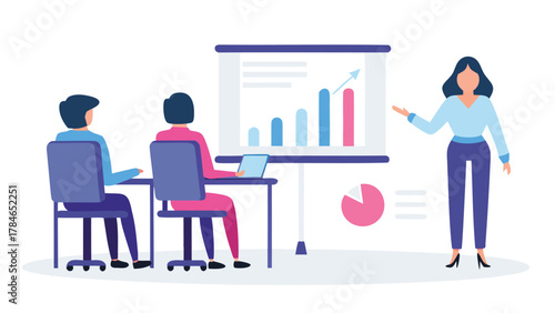 Business presentation with a woman explaining growth charts and pie charts to two seated colleagues in a modern office setting