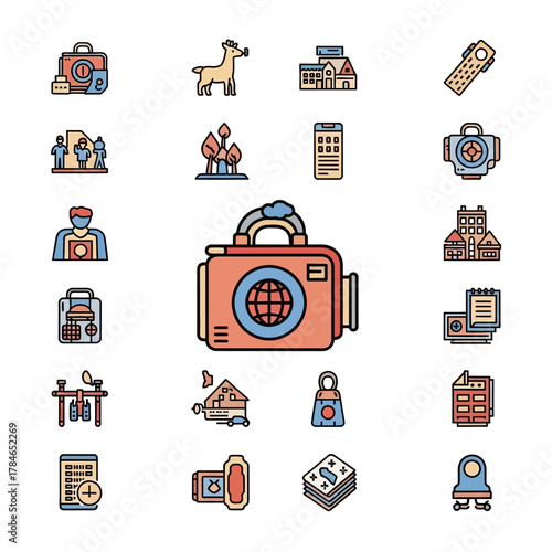 Red and Blue Camera with Globe Icon in the Center.