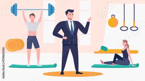 Diverse people engage in fitness activities like weightlifting yoga and gymnastics with a businessman overseeing their progress